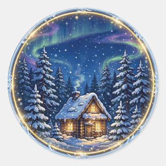 Cozy Winter Cottage — Snowy Cabin Retreat Badge Cl Classic Round Sticker