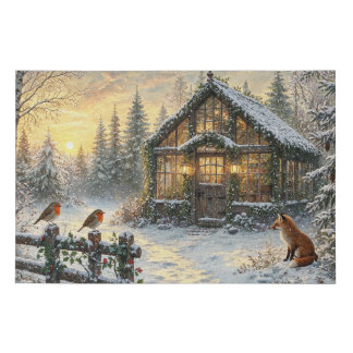 Cozy Winter Cottage Woodland Scene Art Faux Canvas Print