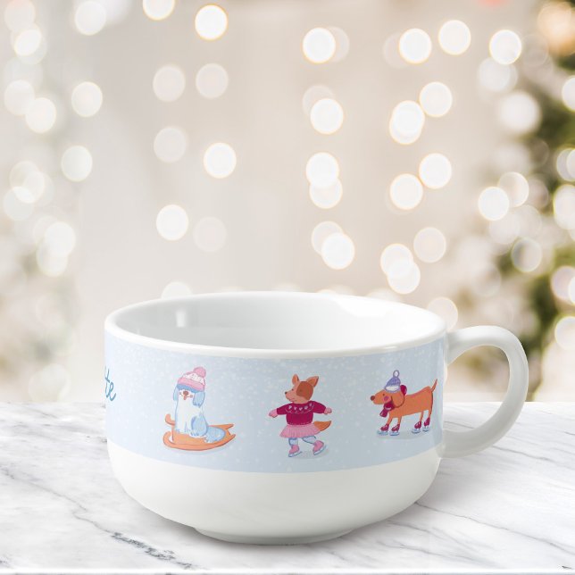 Cozy Winter Cute Ice Skating  Dogs Name Light Blue Soup Mug (Creator Uploaded)