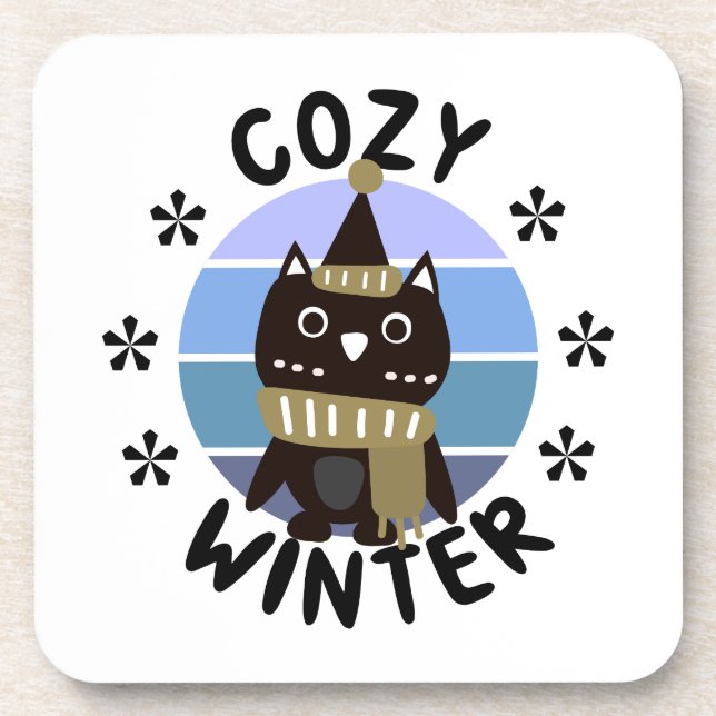 Cozy Winter, Cute Owl Beverage Coaster (Front)