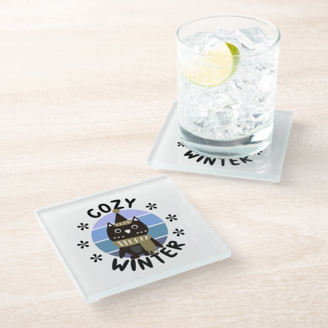 Cozy Winter, Cute Owl Glass Coaster (Angled)