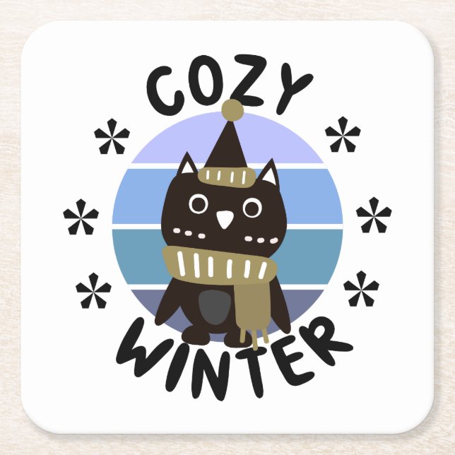 Cozy Winter, Cute Owl Square Paper Coaster (Front)