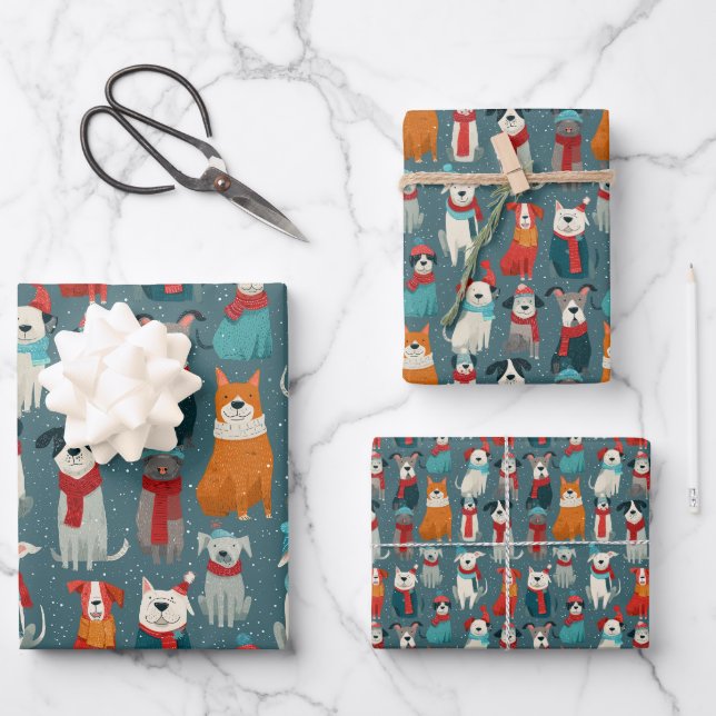 Cozy Winter Dog Christmas Wrapping Paper Sheets (Front)