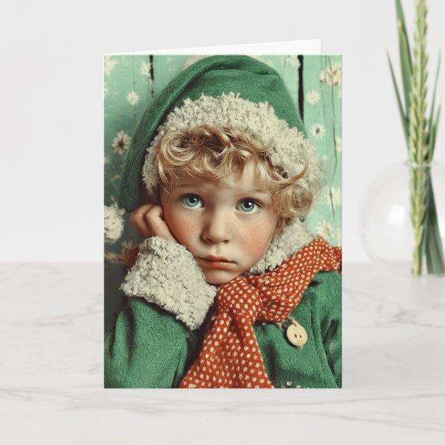 Cozy Winter Elf Child Portrait Holiday Card (Front)