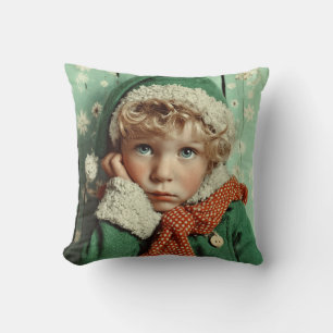 Cozy Winter Elf Child Portrait Throw Pillow
