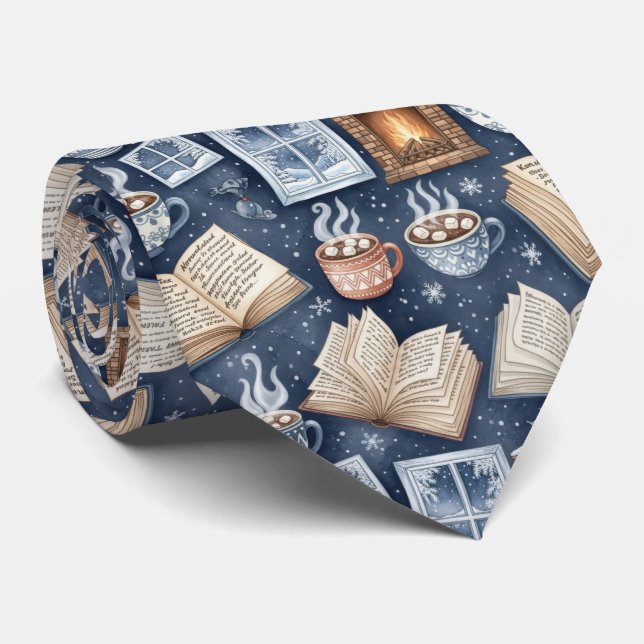 Cozy Winter Evenings – Hot Cocoa, Books, Firelight Neck Tie (Rolled)
