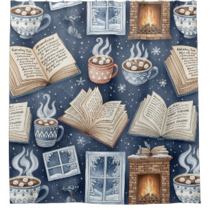 Cozy Winter Evenings – Hot Cocoa, Books, Firelight Shower Curtain