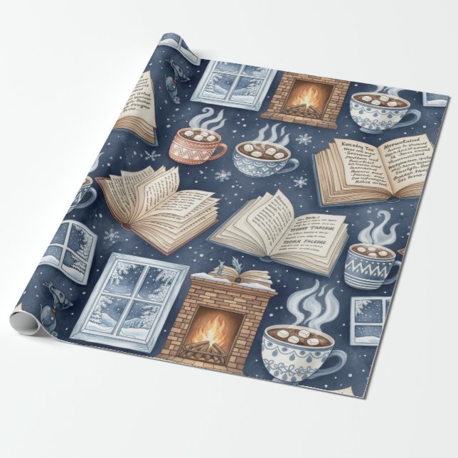 Cozy Winter Evenings – Hot Cocoa, Books, Firelight Wrapping Paper (Unrolled)