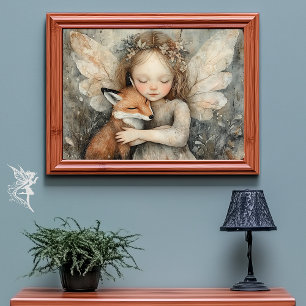 Cozy Winter Fairy & Fox Whimsical Woodland Art Poster