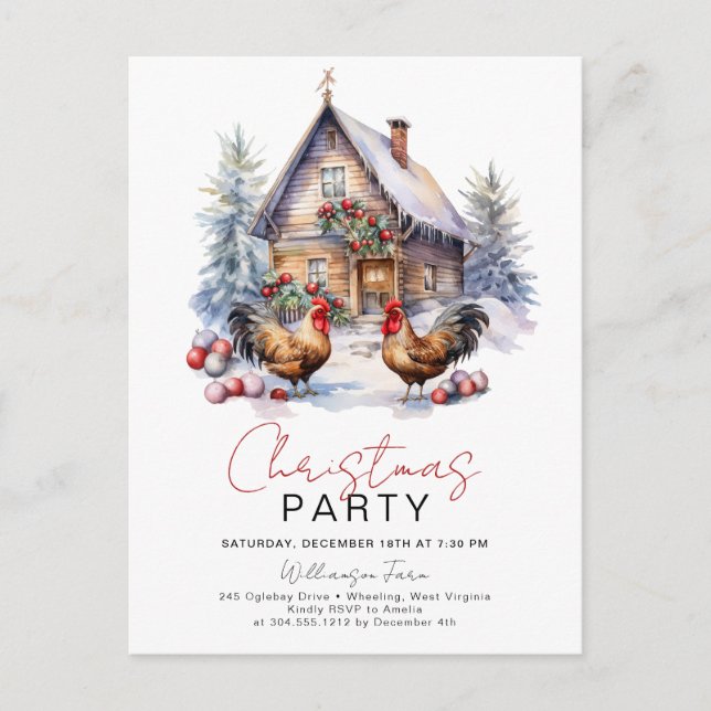 Cozy Winter Farm Country Chicken Christmas Party  Postcard (Front)