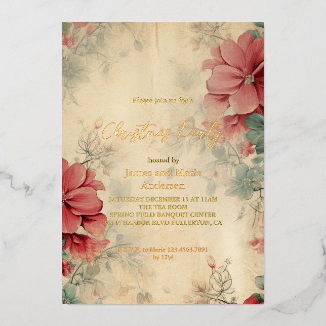 Cozy Winter Floral Christmas Party Foil Invitation (Front)
