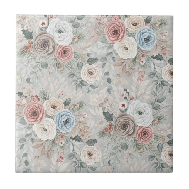 Cozy Winter Floral Pattern Ceramic Tile (Front)