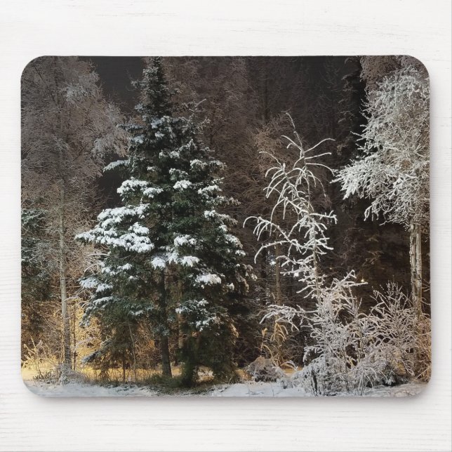 Cozy Winter Forest Night Scene Mouse Pad (Front)