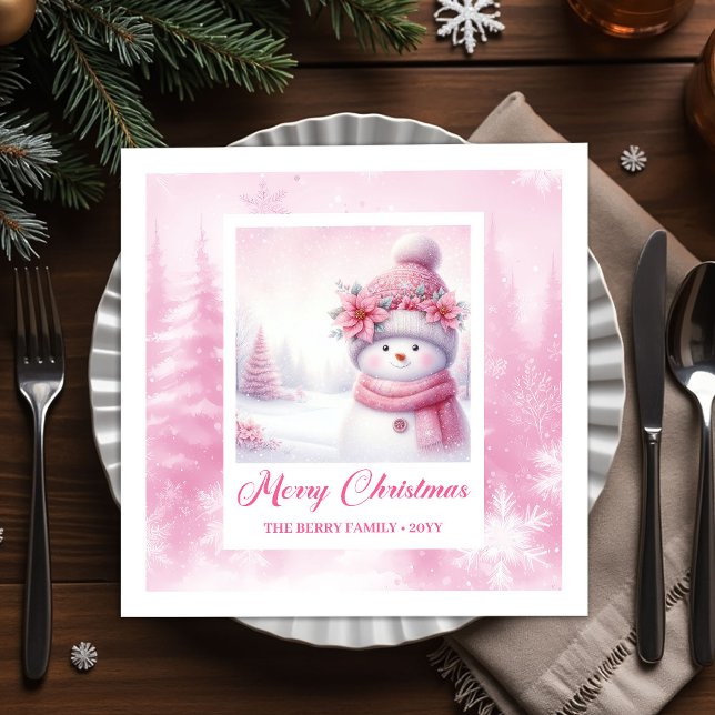 Cozy Winter Forest Pink Snowman Pinkmas Party  Napkins (Cozy Winter Forest Pink Snowman Pinkmas Party Napkins)