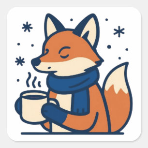 Cozy Winter Fox with Hot Cocoa Square Sticker