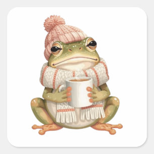 Cozy Winter Frog & Coffee Aesthetic Square Sticker