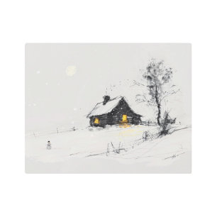 Cozy Winter Holiday Scene with Snowman and Cottage Metal Print