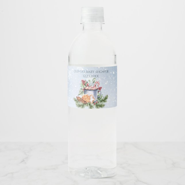 Cozy Winter Hot Cocoa Snowly Baby Shower Water Bottle Label (Front)