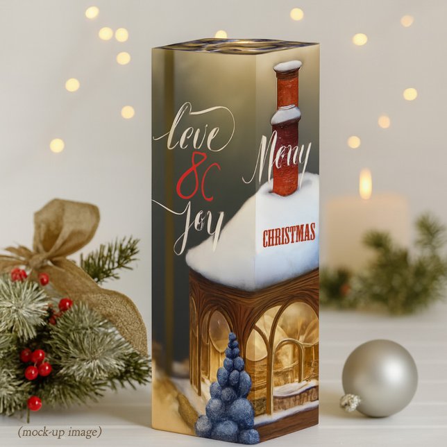 Cozy Winter Love Joy Festive Christmas Wine Box (Wine gift box featuring a cozy warm home with pine trees outside. Beautiful for Christmas)