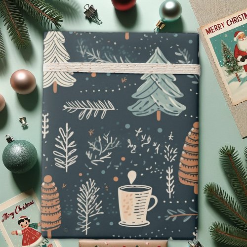 Cozy Winter Moments Coffee Mugs and Pine Trees Wrapping Paper
