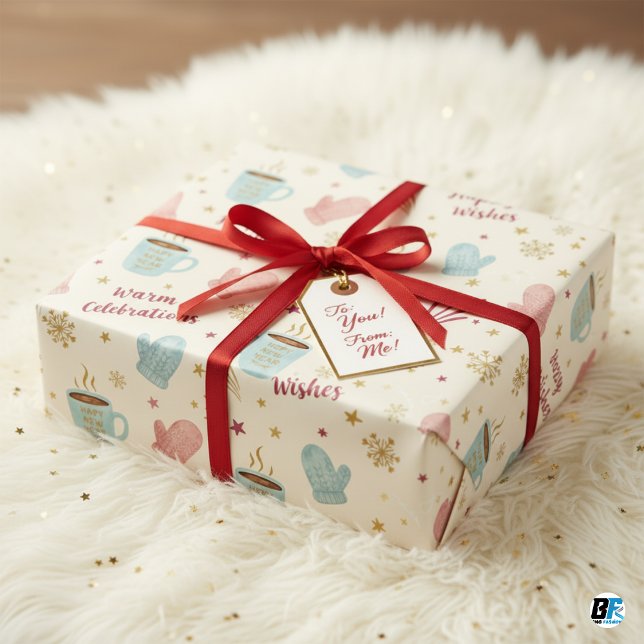 Cozy Winter Mug Mitten Pattern "Happy New Year" Wrapping Paper Sheets (Creator Uploaded)