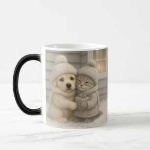 Cozy Winter Mug with Puppy and Kitten Illustration