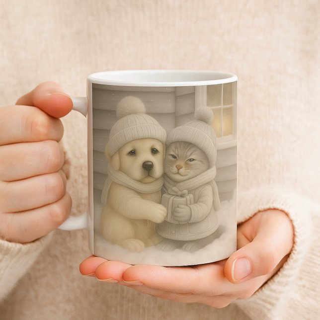 Cozy Winter Mug with Puppy and Kitten Illustration (Creator Uploaded)