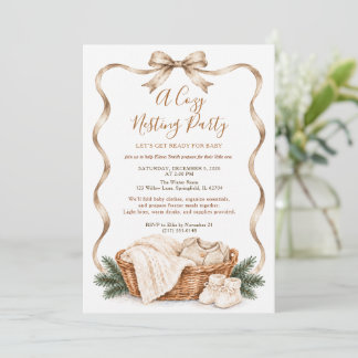 Cozy Winter Neutral Beige Bow Baby Nesting Party Invitation