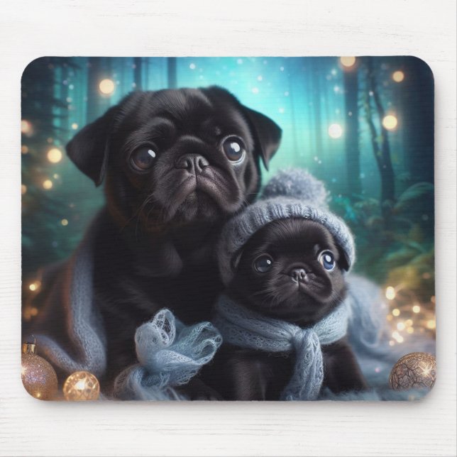 Cozy Winter Night Pug Puppies Forest Mouse Pad (Front)