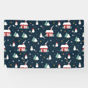 Cozy Winter Night Village and Snowmen Banner
