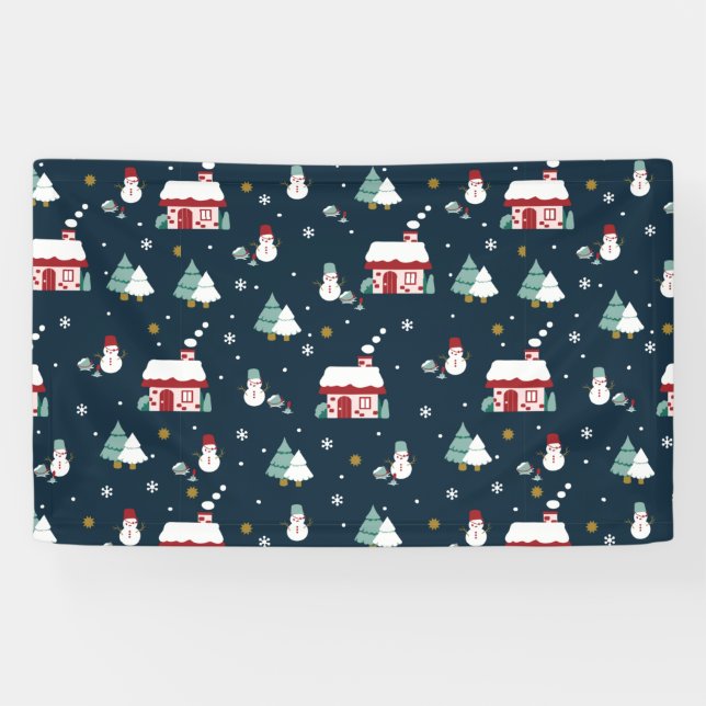 Cozy Winter Night Village and Snowmen Banner (Horizontal)