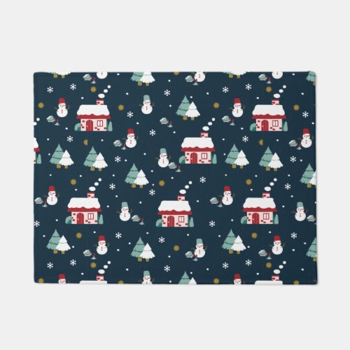 Cozy Winter Night Village and Snowmen Doormat