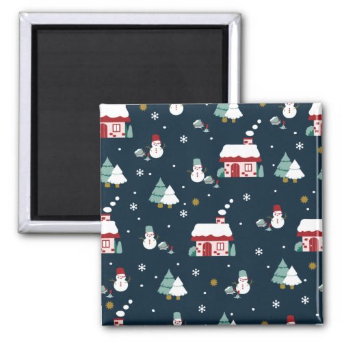 Cozy Winter Night Village and Snowmen Magnet