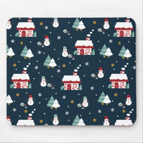 Cozy Winter Night Village and Snowmen Mouse Pad