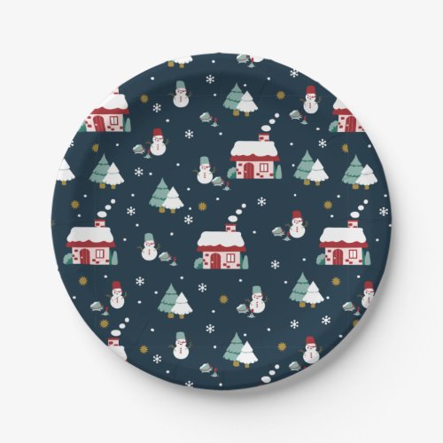 Cozy Winter Night Village and Snowmen Paper Plates