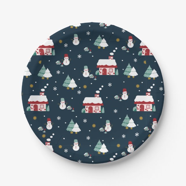 Cozy Winter Night Village and Snowmen Paper Plates (Front)