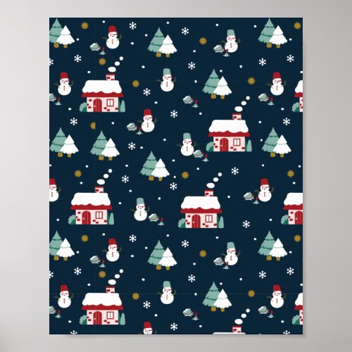 Cozy Winter Night Village and Snowmen Poster