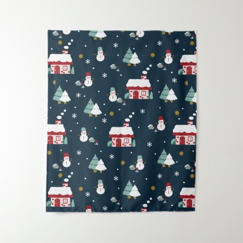 Cozy Winter Night Village and Snowmen Tapestry