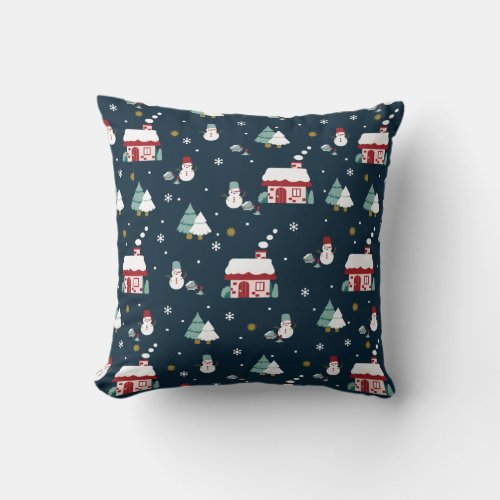 Cozy Winter Night Village and Snowmen Throw Pillow