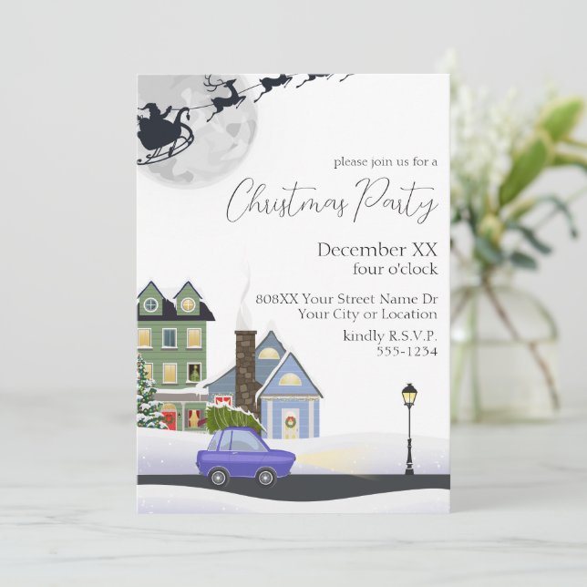 Cozy Winter Night Village Christmas Party Invitation (Standing Front)