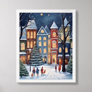 Cozy Winter Nights: A Charming City in the Snow Framed Art