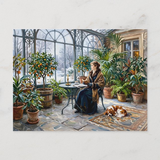Cozy Winter Orangery with Cavalier Spaniel Postcard (Front)