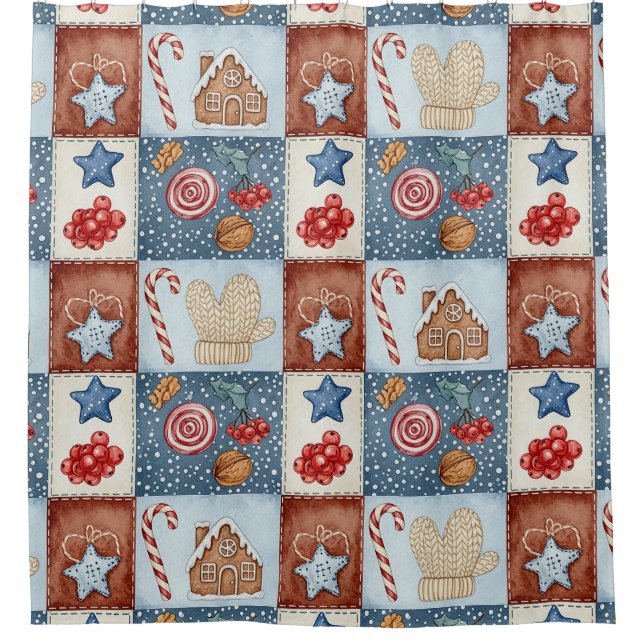 Cozy Winter Patchwork Christmas Shower Curtain (Front)