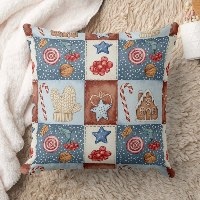 Cozy Winter Patchwork Christmas Throw Pillow (Blanket)