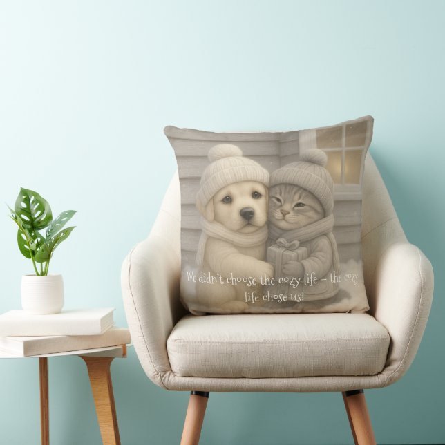 Cozy Winter Pillow with Puppy and Kitten in Hats (Chair)