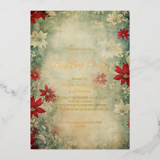 Cozy Winter Poinsettia Floral Christmas Party Foil Invitation (Front)