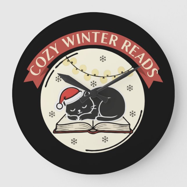 Cozy Winter Reads Cute Christmas Cat Book Lover  Large Clock (Front)