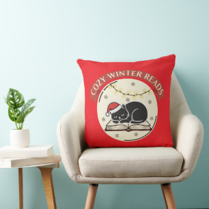 Cozy Winter Reads Cute Christmas Cat Book Lover Throw Pillow