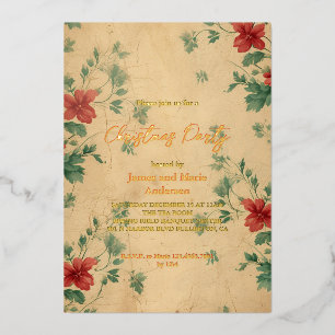 Cozy Winter Red Green Floral Christmas Party Foil Invitation