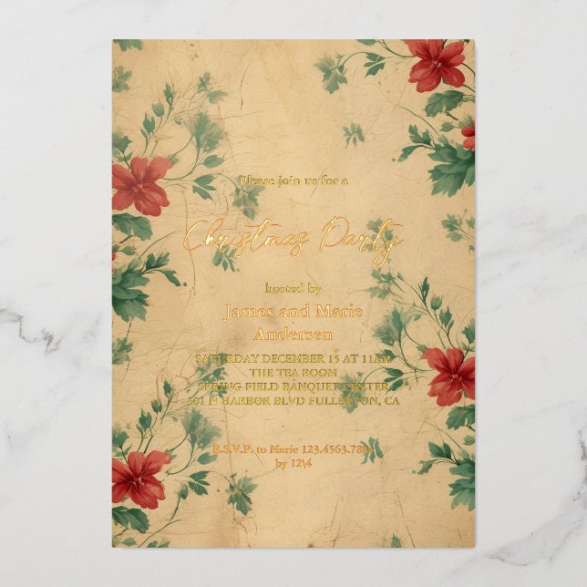 Cozy Winter Red Green Floral Christmas Party Foil Invitation (Front)